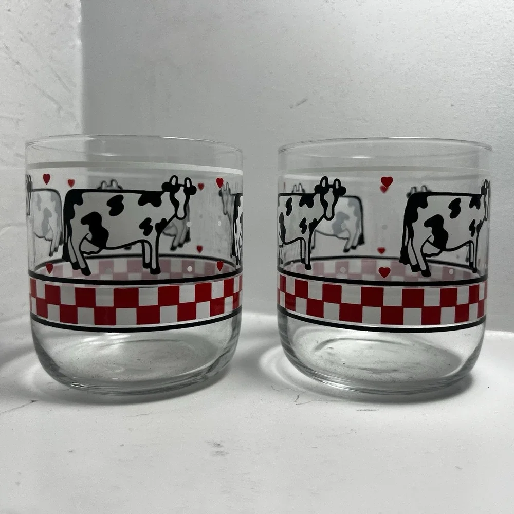 Vtg Libbey Juice Glass, Red White Checker Heart/Cow  Glasses Set Of 2 Farmhouse